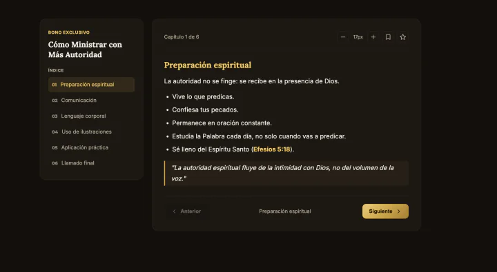 Interior real de la guía Cómo Ministrar con Más Autoridad mostrando la preparación espiritual