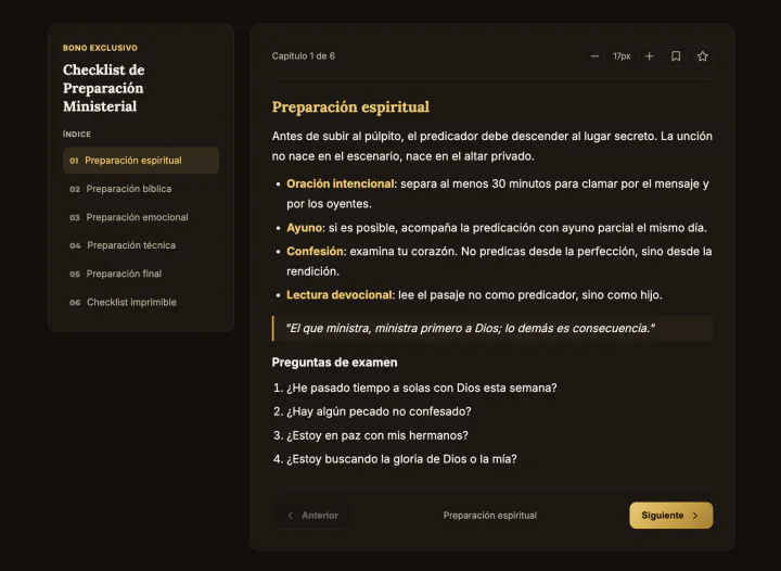 Interior real del Checklist de Preparación Ministerial con seis capítulos y preguntas de examen