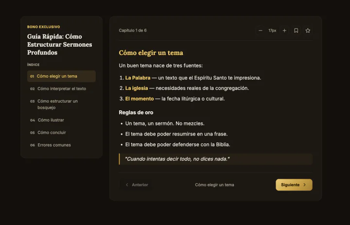 Interior real de la Guía para Estructurar Sermones mostrando cómo elegir un tema