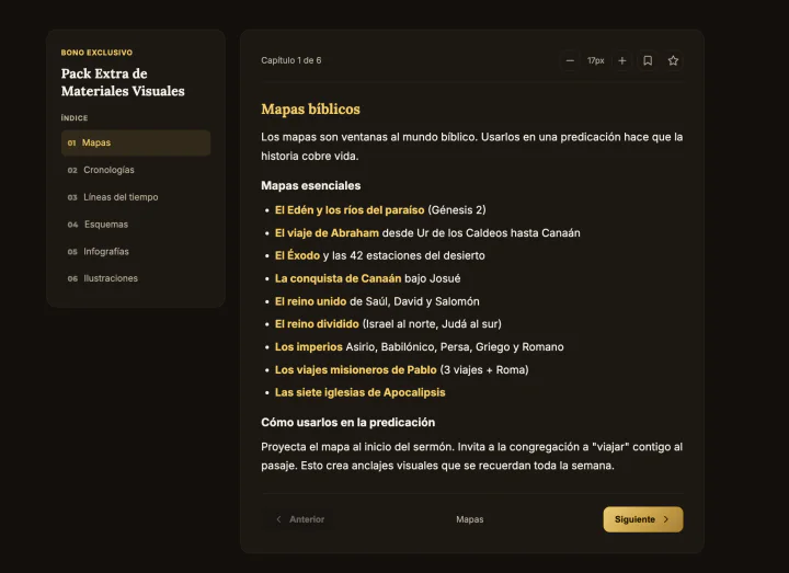 Interior real del Pack Extra de Materiales Visuales mostrando el capítulo de mapas bíblicos