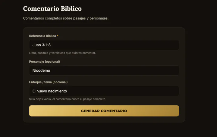 Pantalla real del Comentario Bíblico con campos para referencia, personaje y enfoque