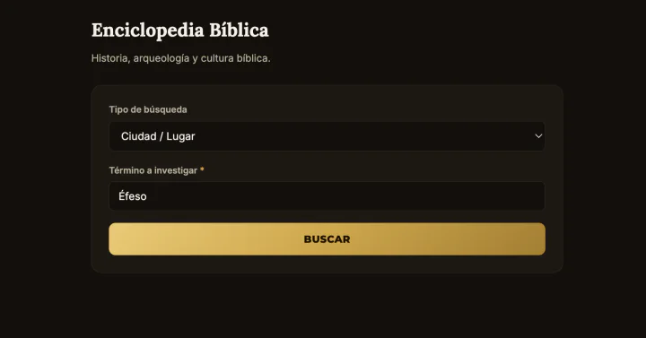 Pantalla real de la Enciclopedia Bíblica buscando la ciudad de Éfeso