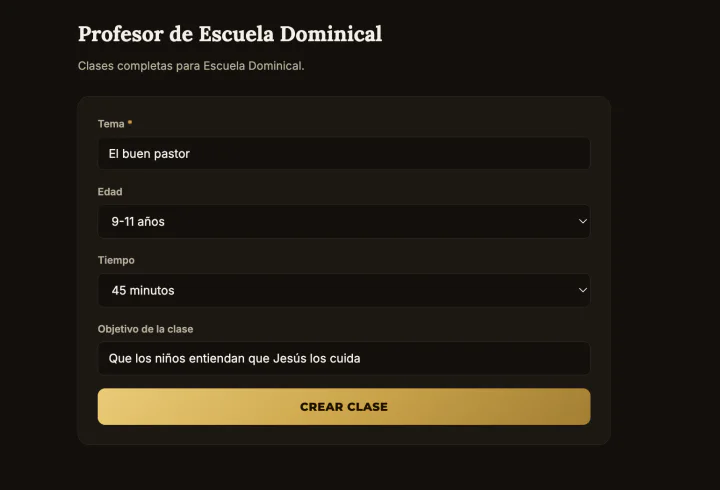 Pantalla real del Profesor de Escuela Dominical con tema, edad, tiempo y objetivo de clase