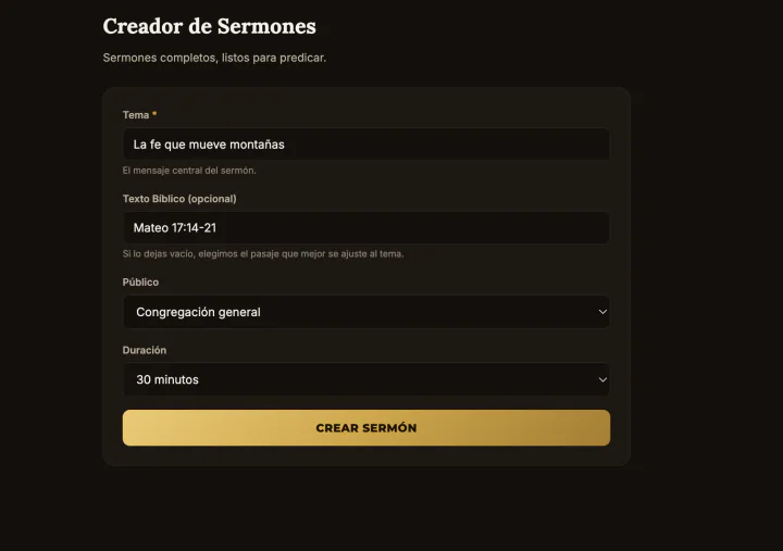 Pantalla real del Creador de Sermones con tema, texto bíblico, público y duración